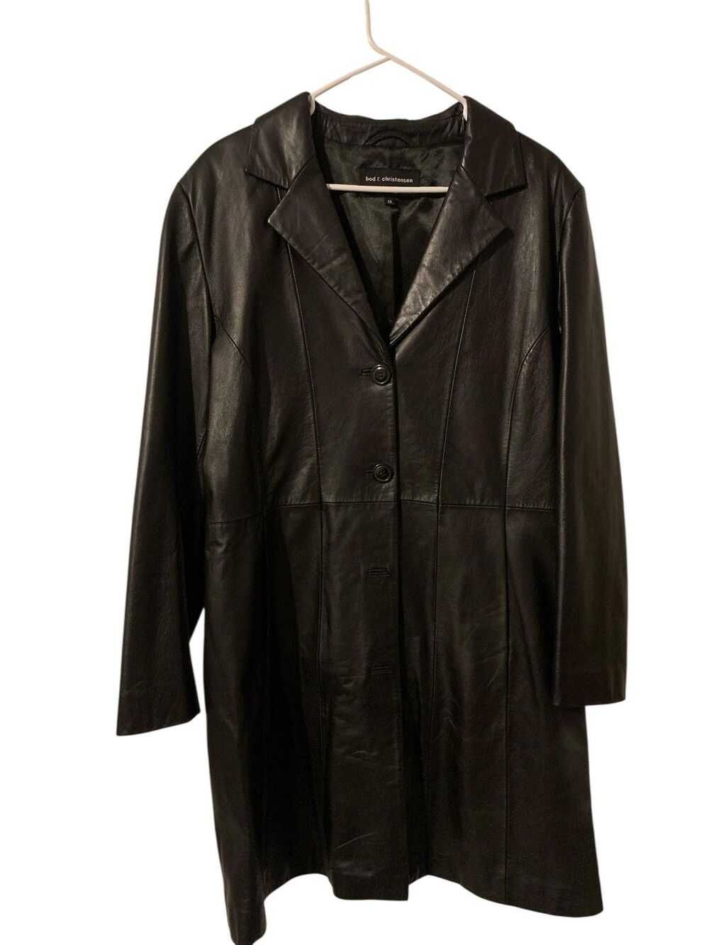 Bod & Christensen Coat Womens 12 Black Leather Button Front Long Jacket Trench